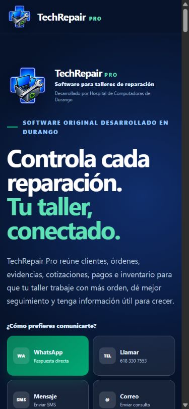 Página de TechRepair Pro en celular